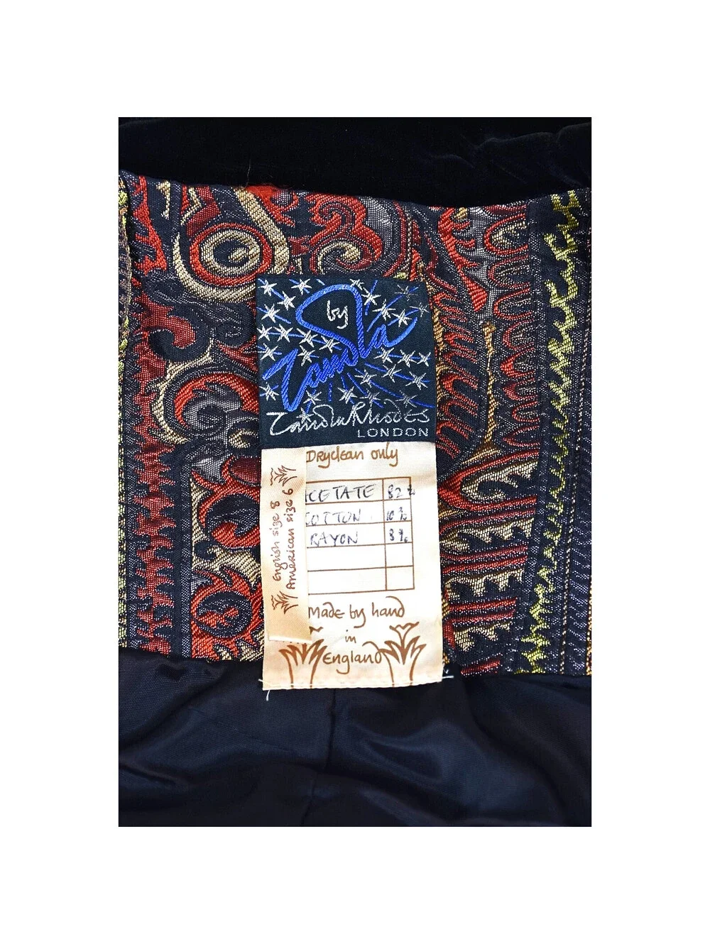 ZANDRA RHODES Rare '80s Jacquard Suit w/Velvet Lapels & Long Black Fringe, SZ SM - Picture 9 of 9